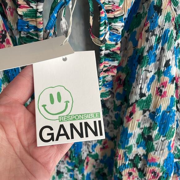 Ganni Pleated Georgette Ruffle V-Neck Blouse in Floral Azure Blue - Picture 8 of 16